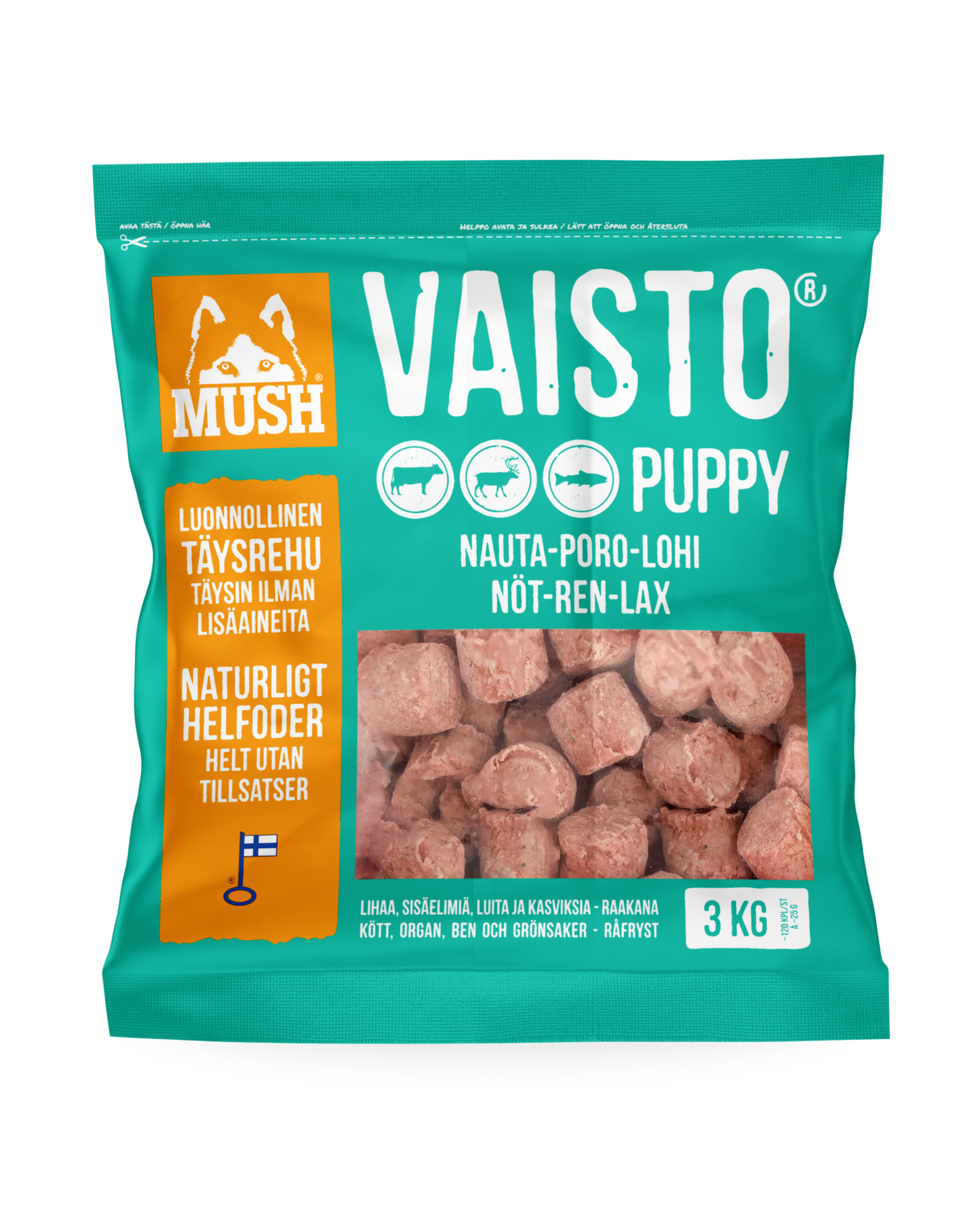 Frozen complete feed of beef, reindeer, and salmon | puppy