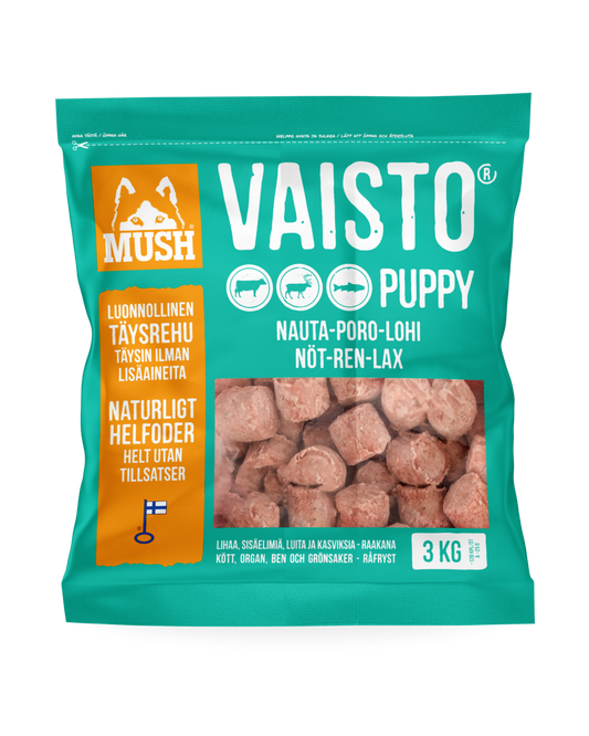 Frozen complete feed of beef, reindeer, and salmon | puppy