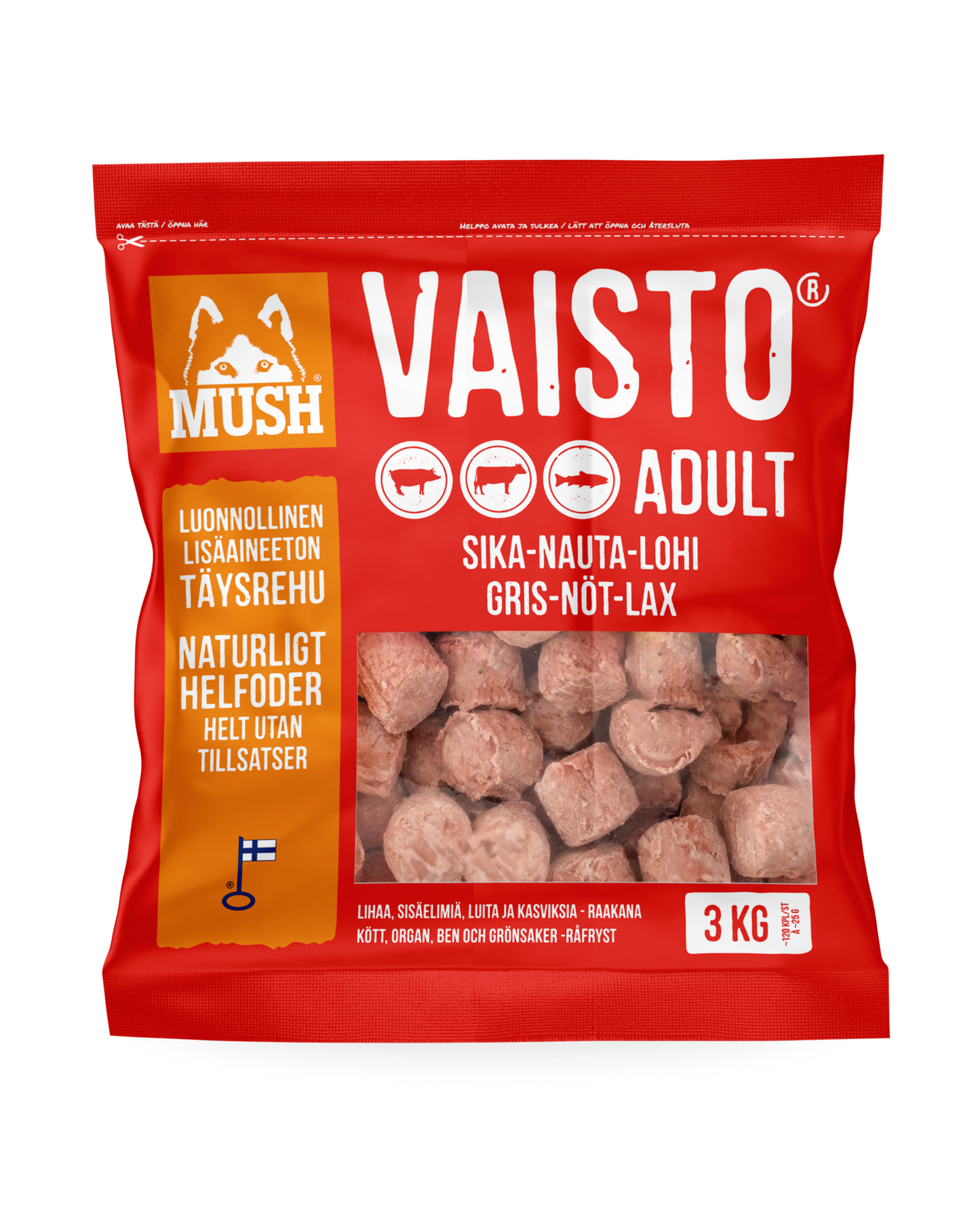 Frozen complete feed made from pork, beef, and salmon | dog