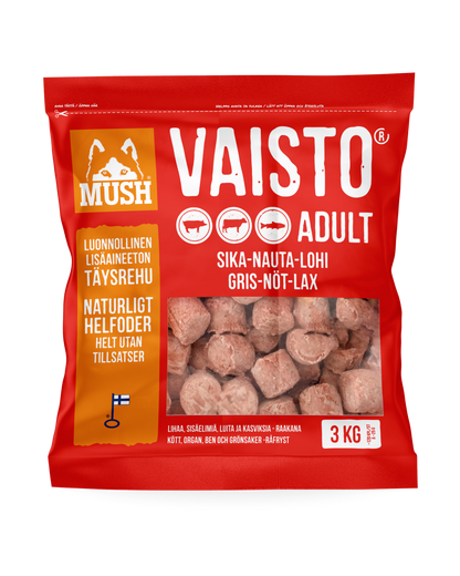 Frozen complete feed made from pork, beef, and salmon | dog