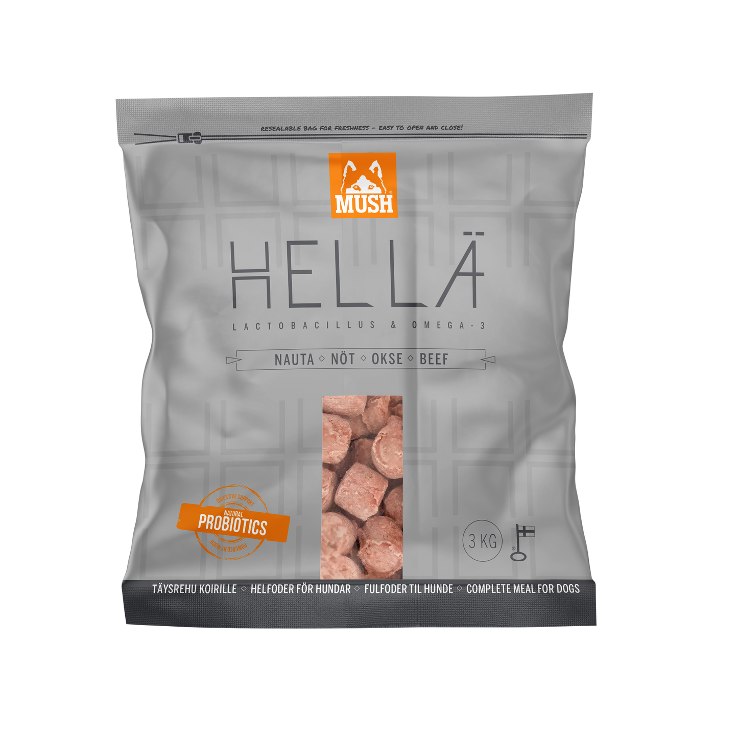 Frozen complete beef and fermented vegetable dog food