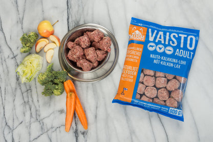Frozen complete food of beef, turkey, and salmon | dog